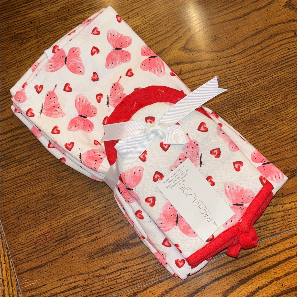 RACHEL ZOE Hearts & Butterfly 5-Pc Kitchen Towel Oven Mitt Set **NEW**